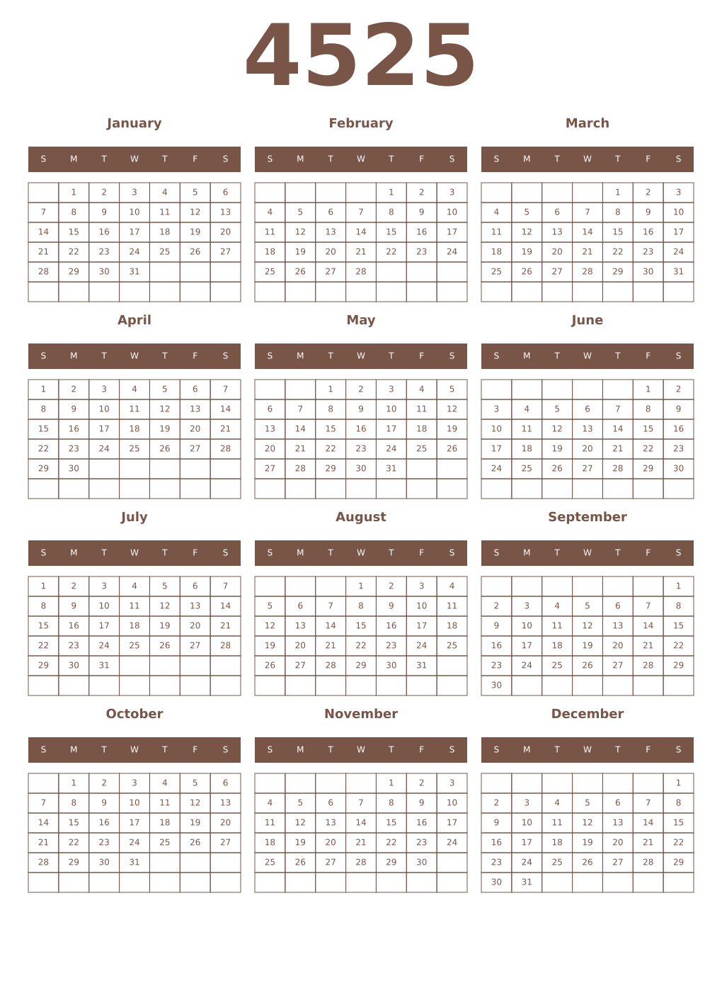 Printable 4525 Year Calendars coffe
