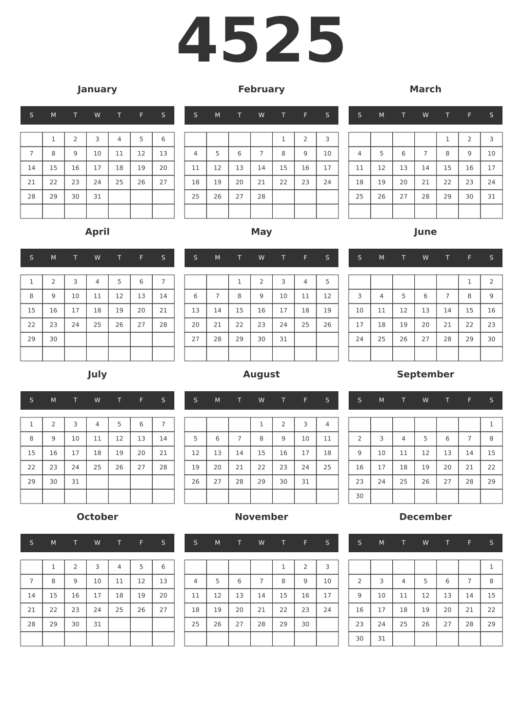 Printable 4525 Year Calendars dark