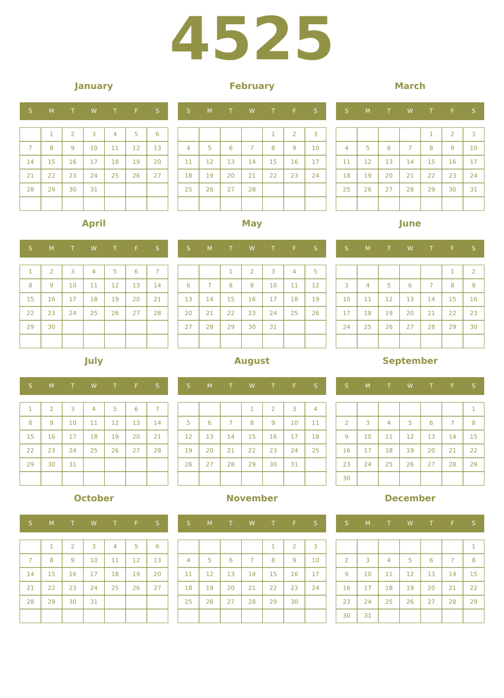 Printable 4525 Year Calendars eburnean