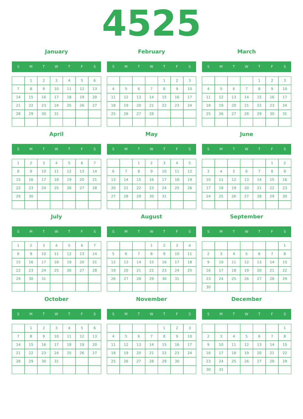 Printable 4525 Year Calendars green