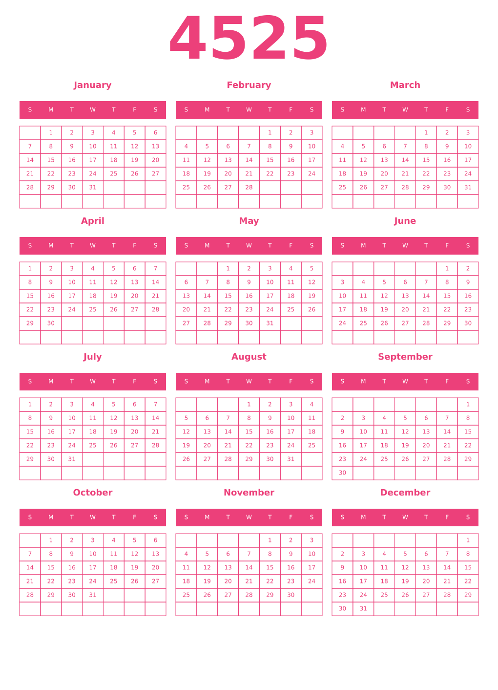 Printable 4525 Year Calendars pink