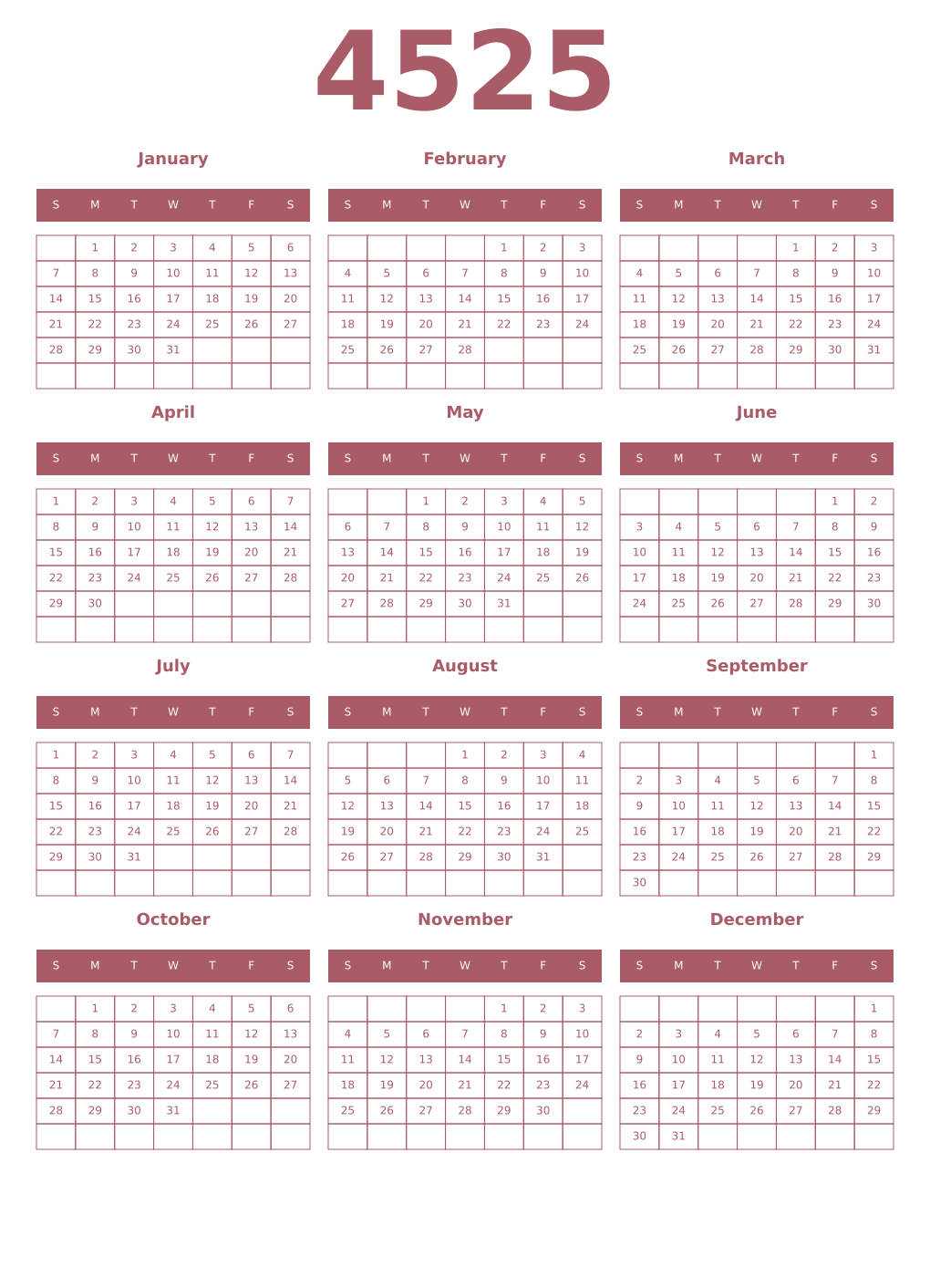 Printable 4525 Year Calendars puce