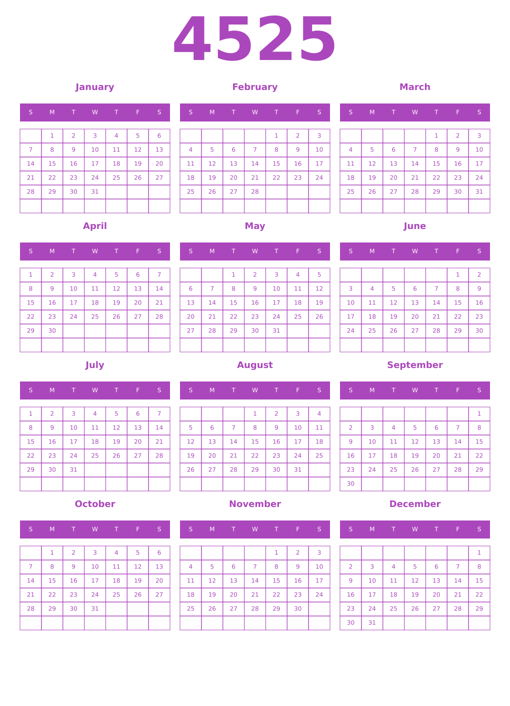Printable 4525 Year Calendars purple