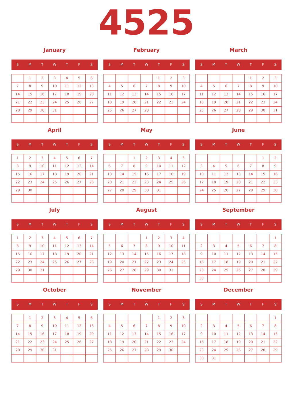 Printable 4525 Year Calendars red