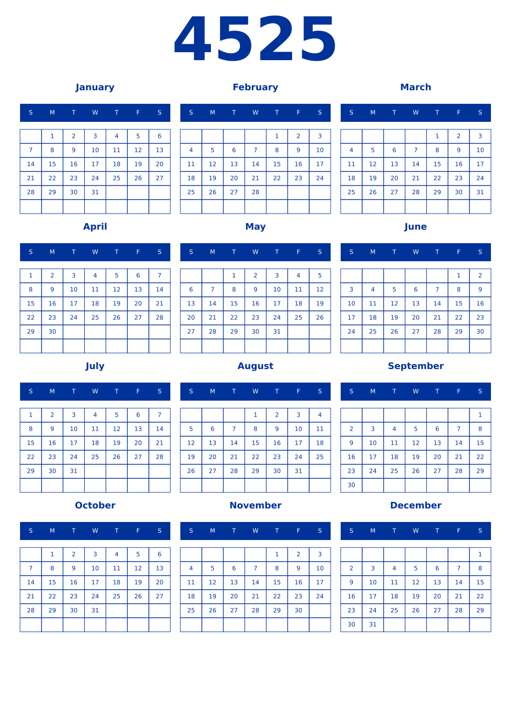 Printable 4525 Year Calendars smalt