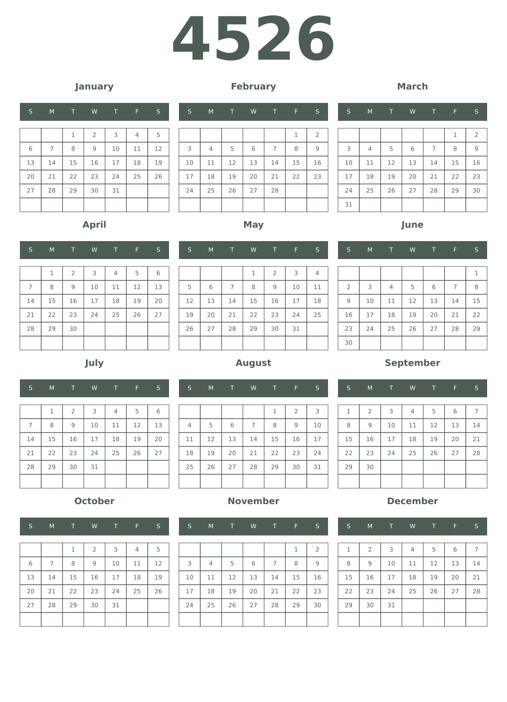 Printable 4526 Year Calendars feldgrau