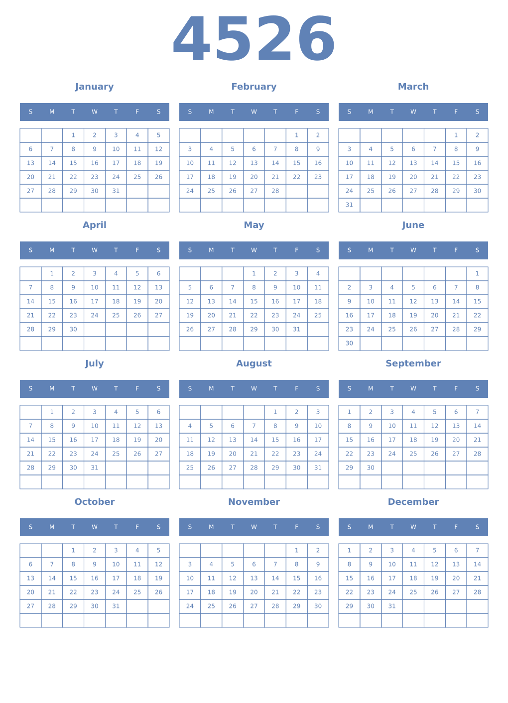 Printable 4526 Year Calendars glaucous