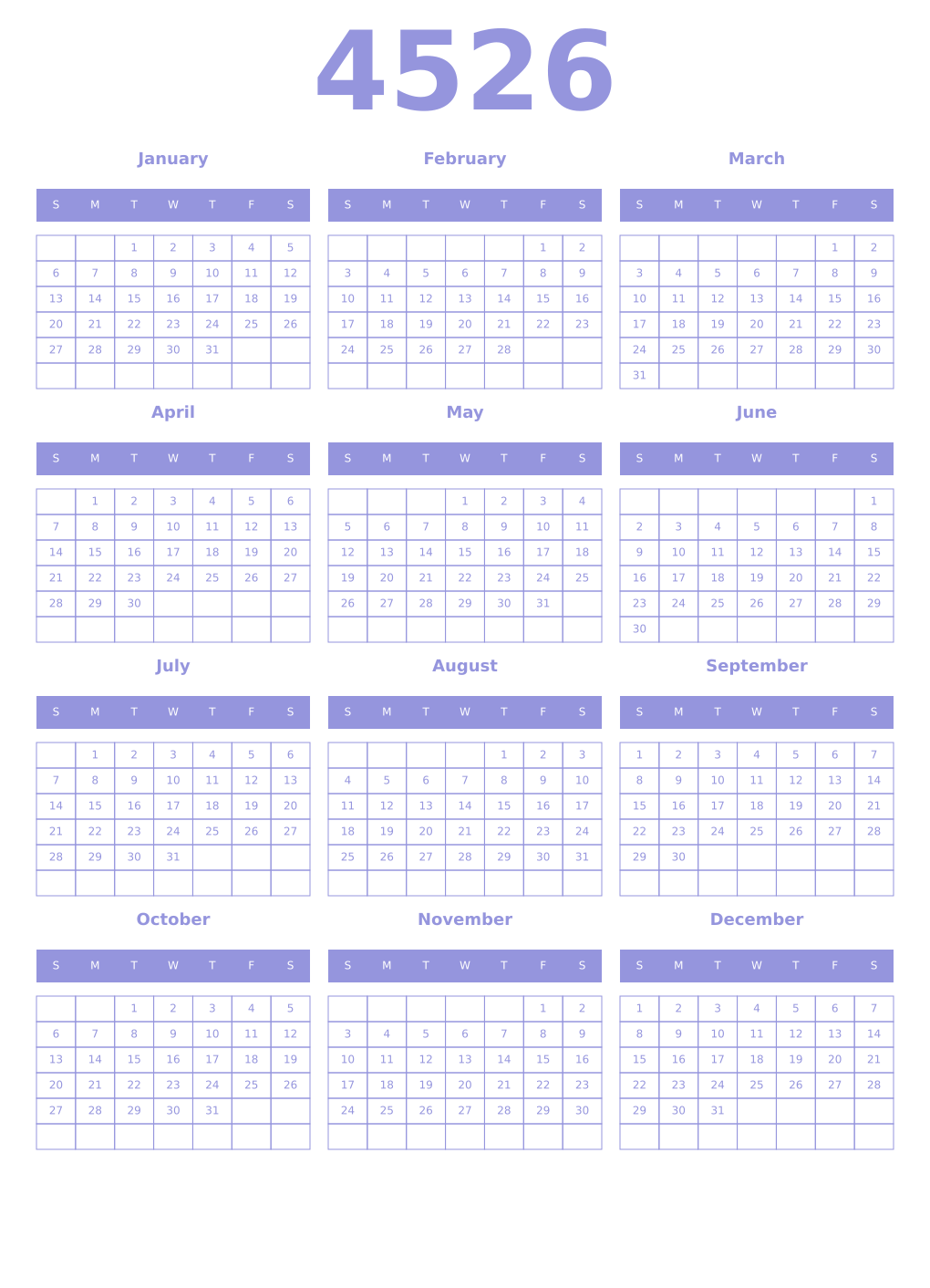 Printable 4526 Year Calendars periwinkle