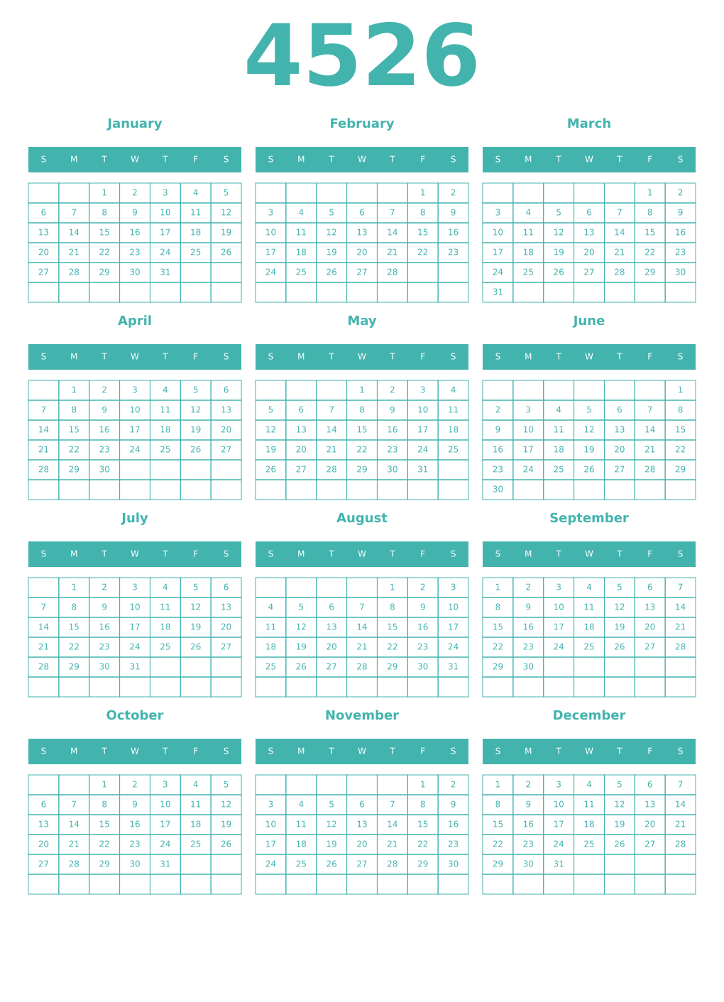 Printable 4526 Year Calendars verdigris