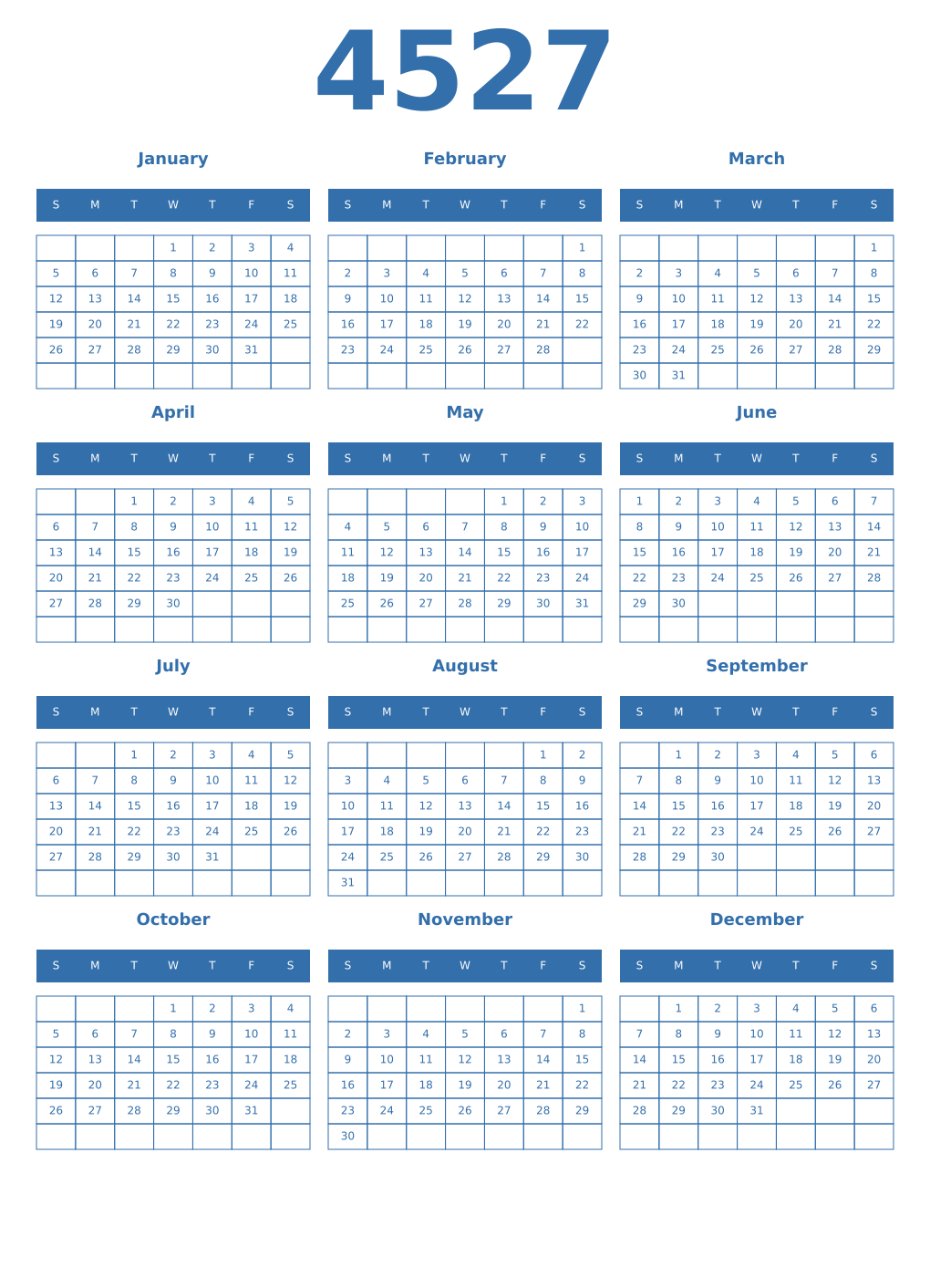 Printable 4527 Year Calendars blue