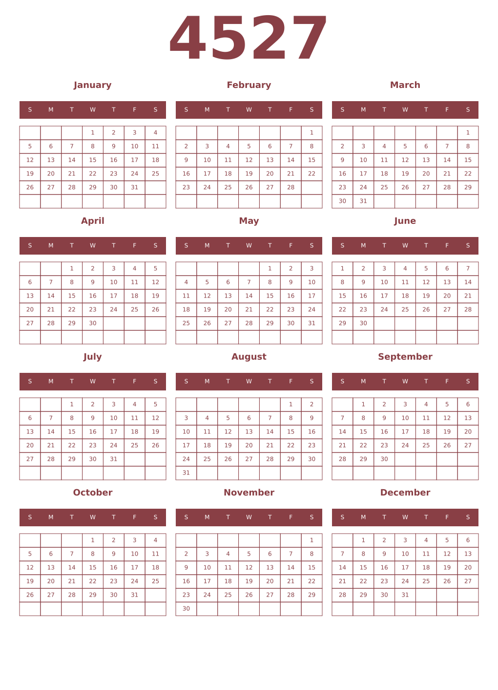 Printable 4527 Year Calendars cordovan
