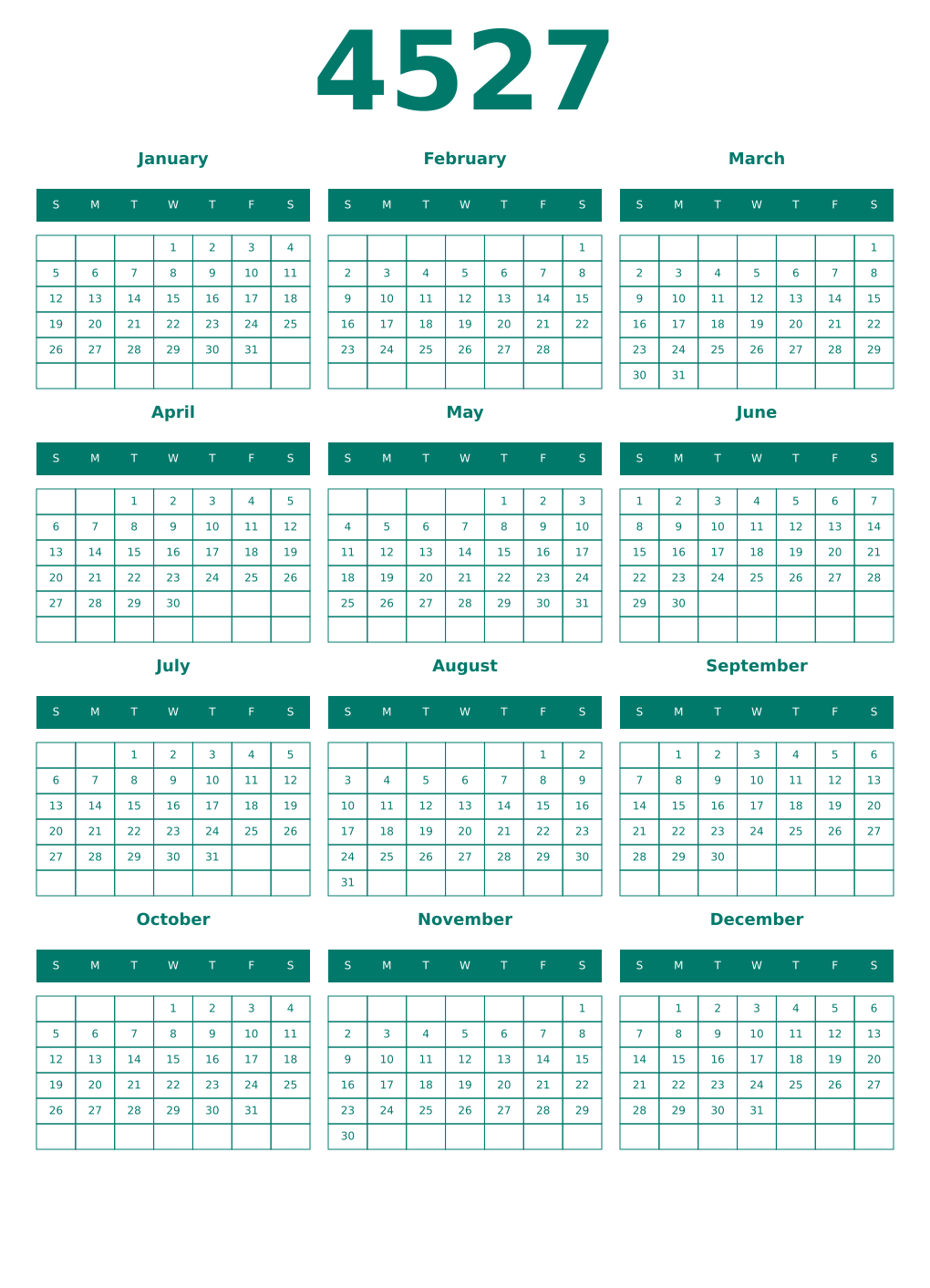 Printable 4527 Year Calendars pastel