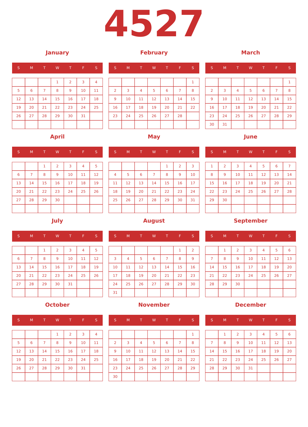 Printable 4527 Year Calendars red
