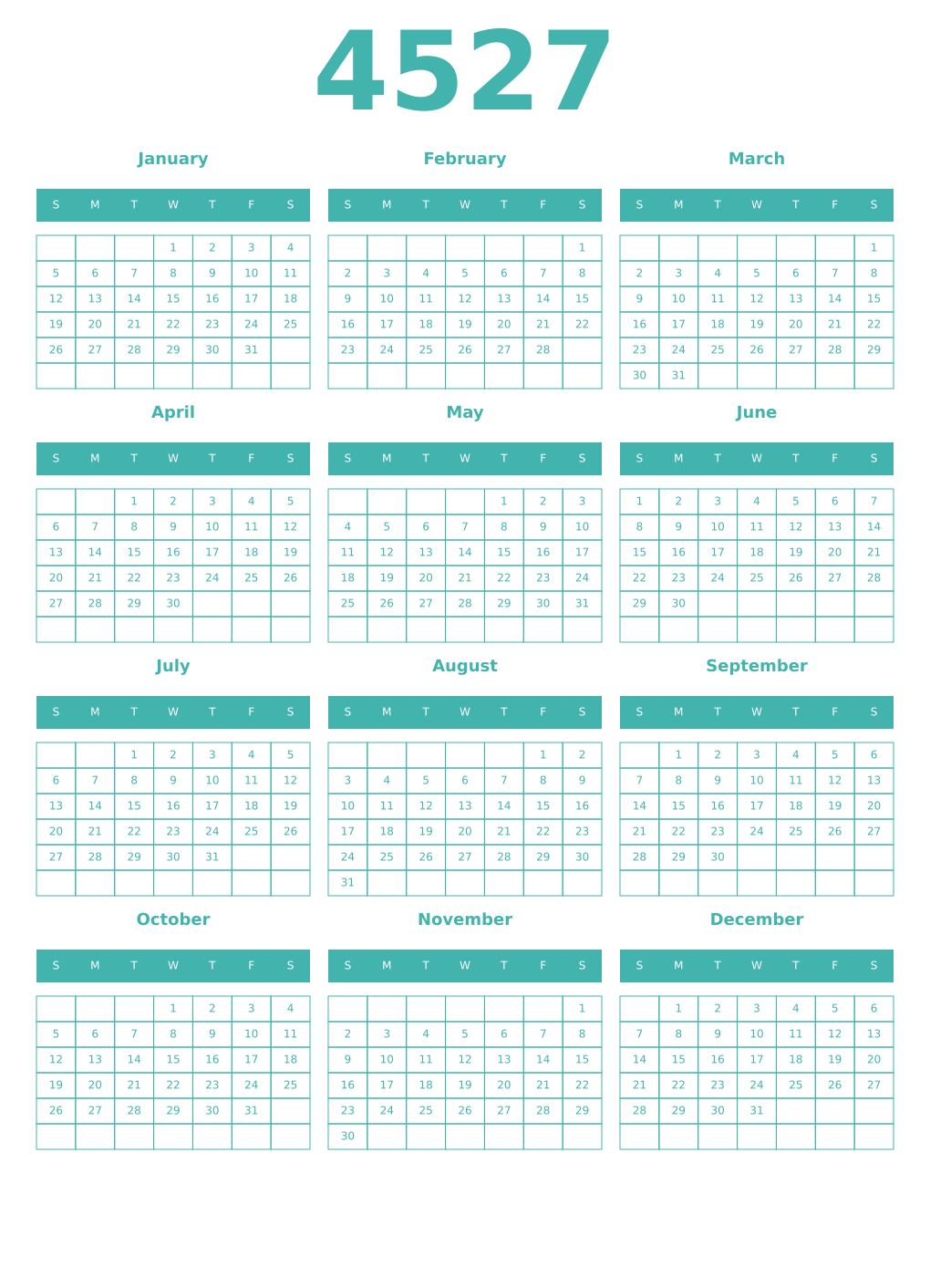 Printable 4527 Year Calendars verdigris