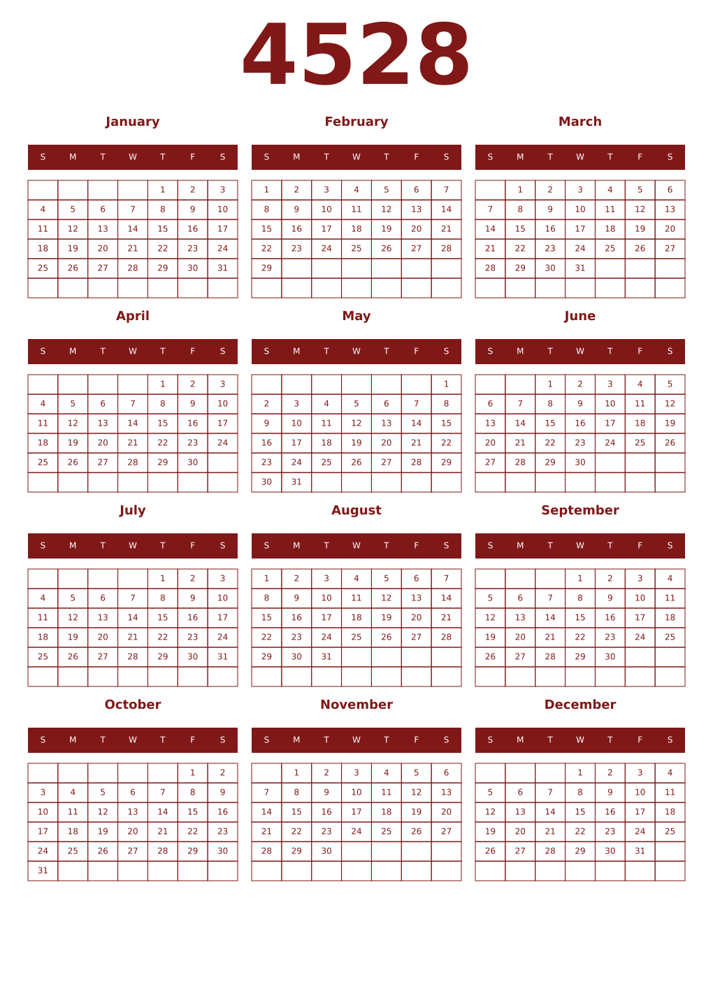 Printable 4528 Year Calendars falu