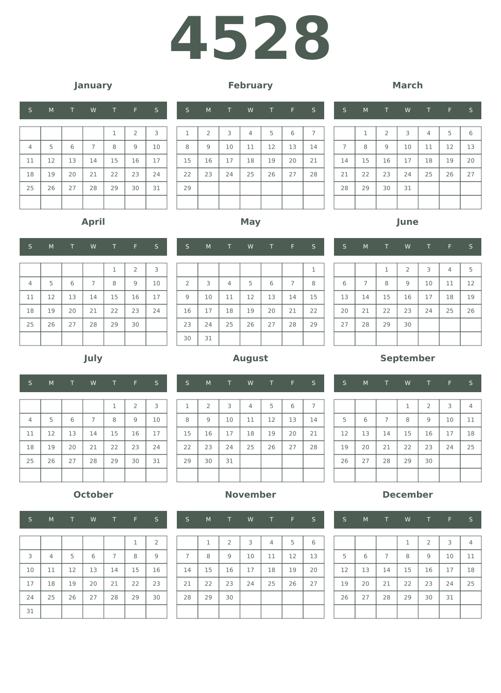 Printable 4528 Year Calendars feldgrau