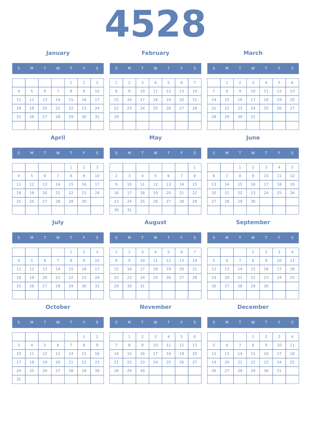 Printable 4528 Year Calendars glaucous