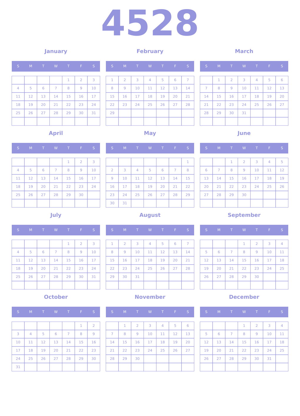 Printable 4528 Year Calendars periwinkle