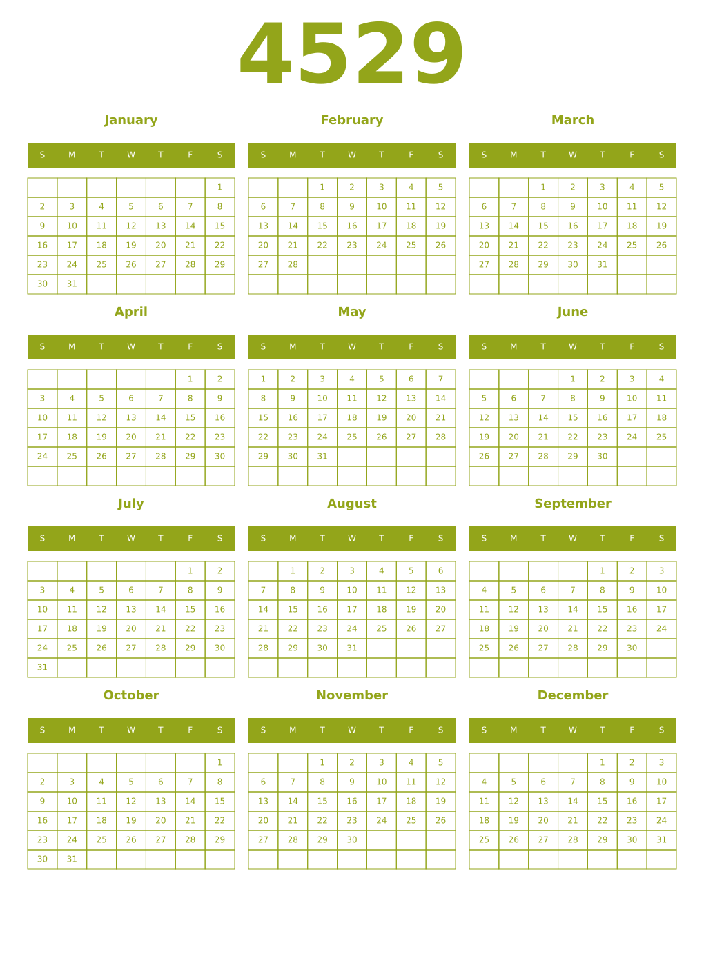 Printable 4529 Year Calendars chartreuse
