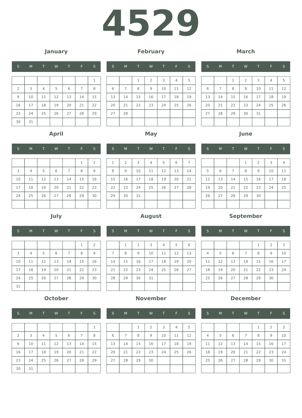 Printable 4529 Year Calendars feldgrau