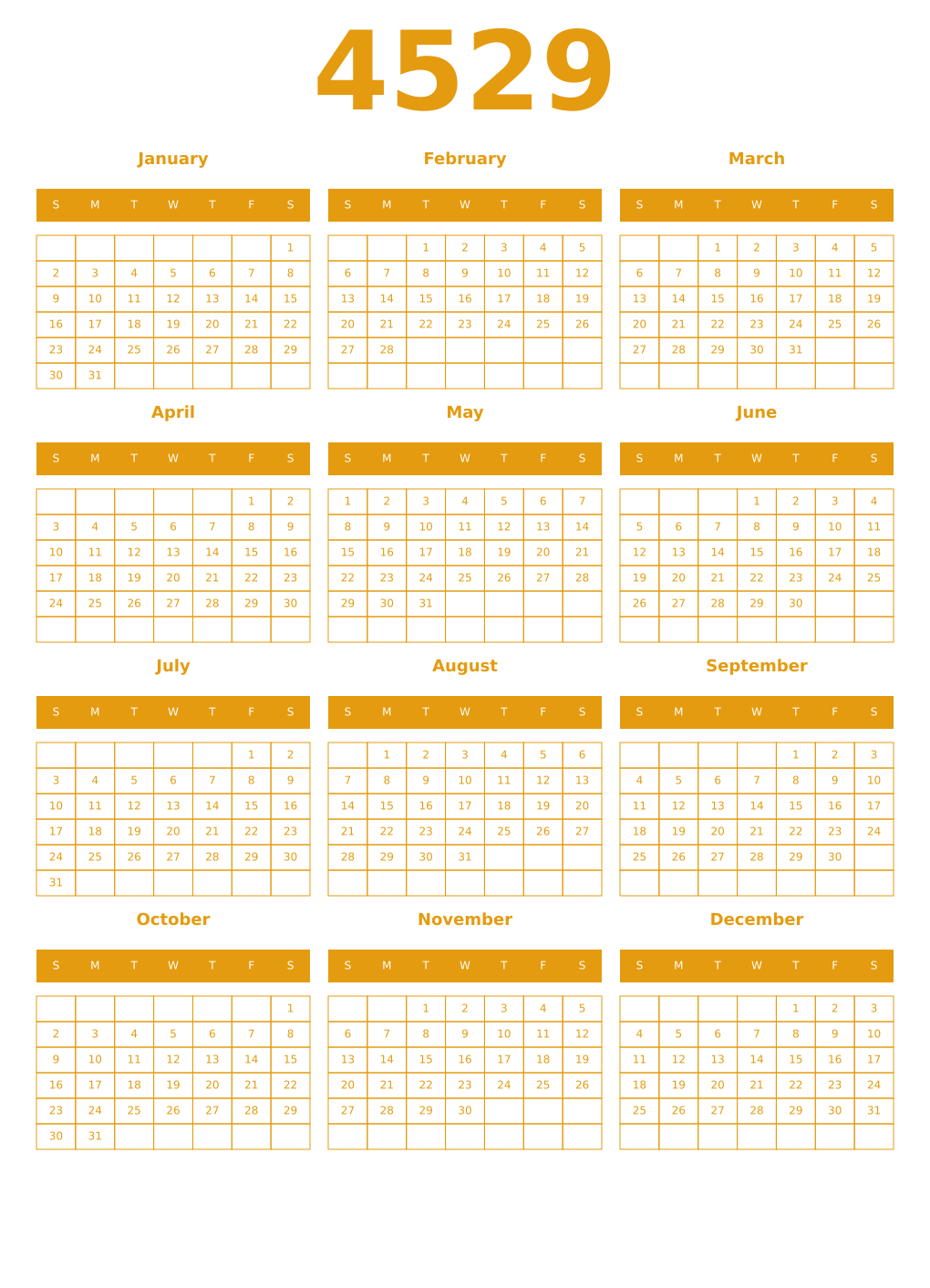 Printable 4529 Year Calendars gamboge
