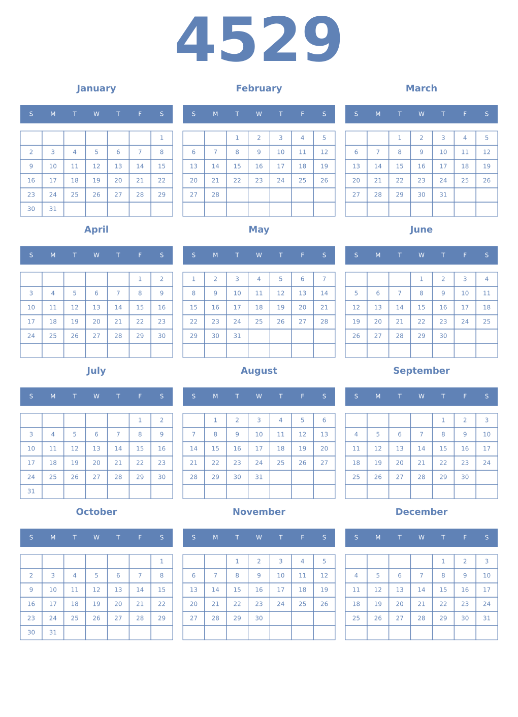 Printable 4529 Year Calendars glaucous