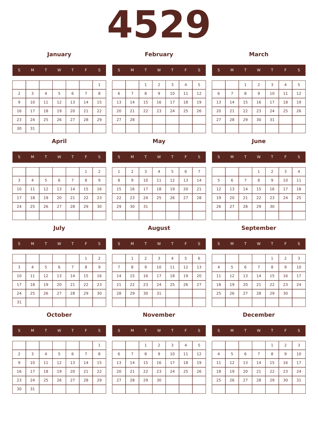 Printable 4529 Year Calendars mortuum