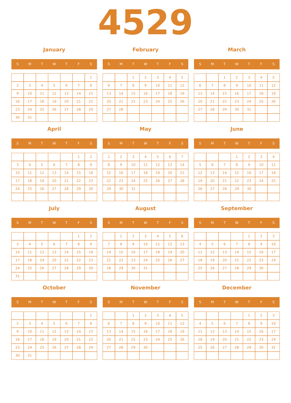 Printable 4529 Year Calendars orange
