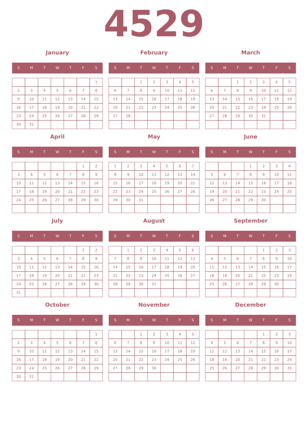 Printable 4529 Year Calendars puce