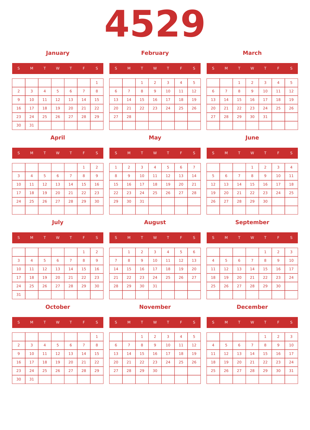 Printable 4529 Year Calendars red
