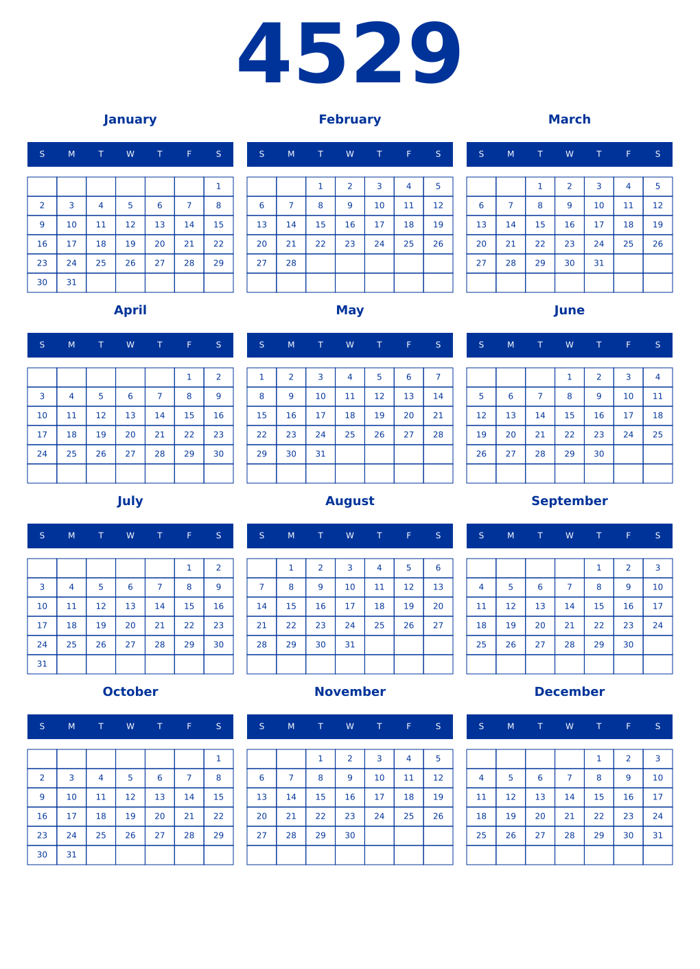 Printable 4529 Year Calendars smalt