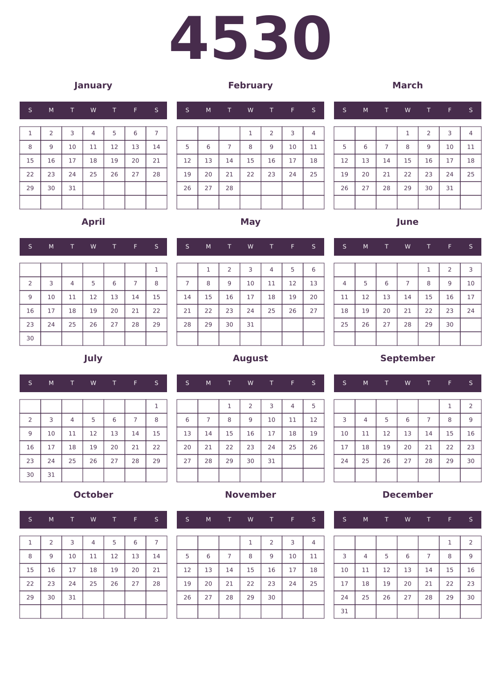 Printable 4530 Year Calendars aubergine