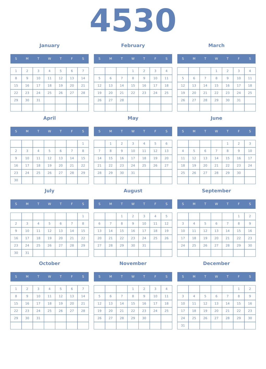 Printable 4530 Year Calendars glaucous