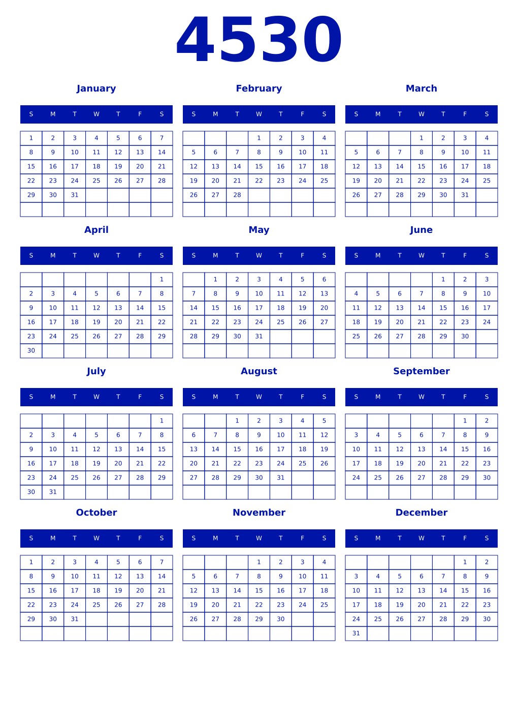 Printable 4530 Year Calendars zaffre