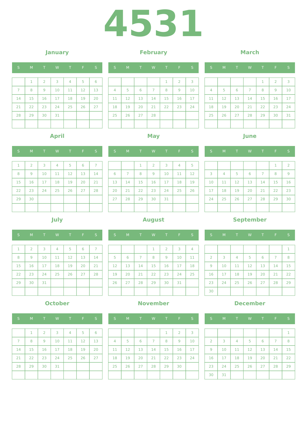 Printable 4531 Year Calendars celadon