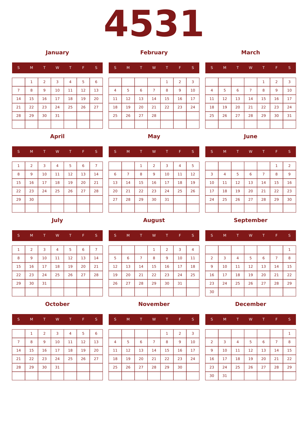 Printable 4531 Year Calendars falu
