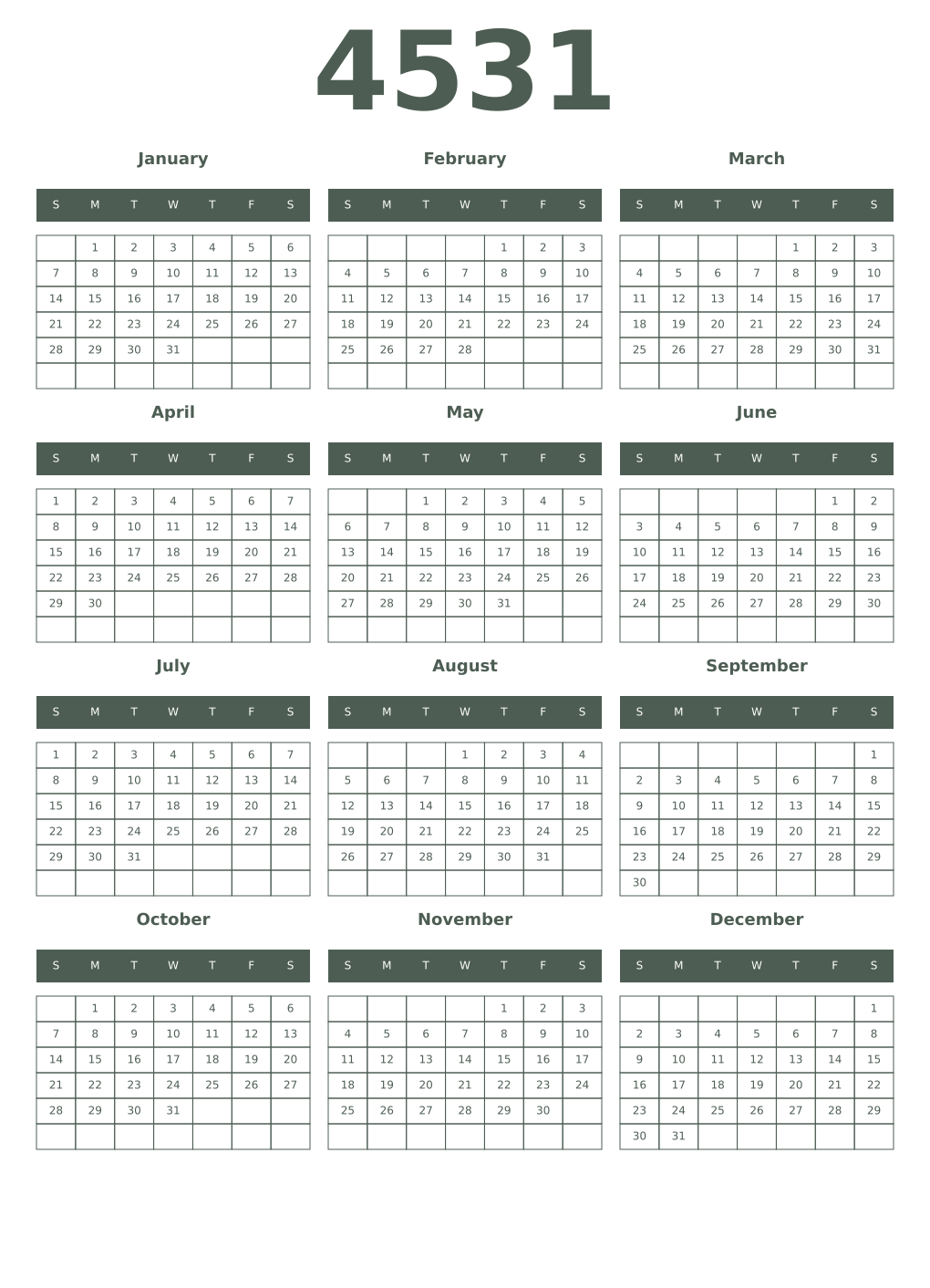 Printable 4531 Year Calendars feldgrau