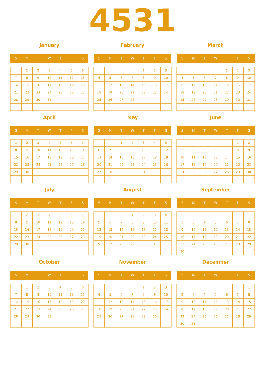 Printable 4531 Year Calendars gamboge