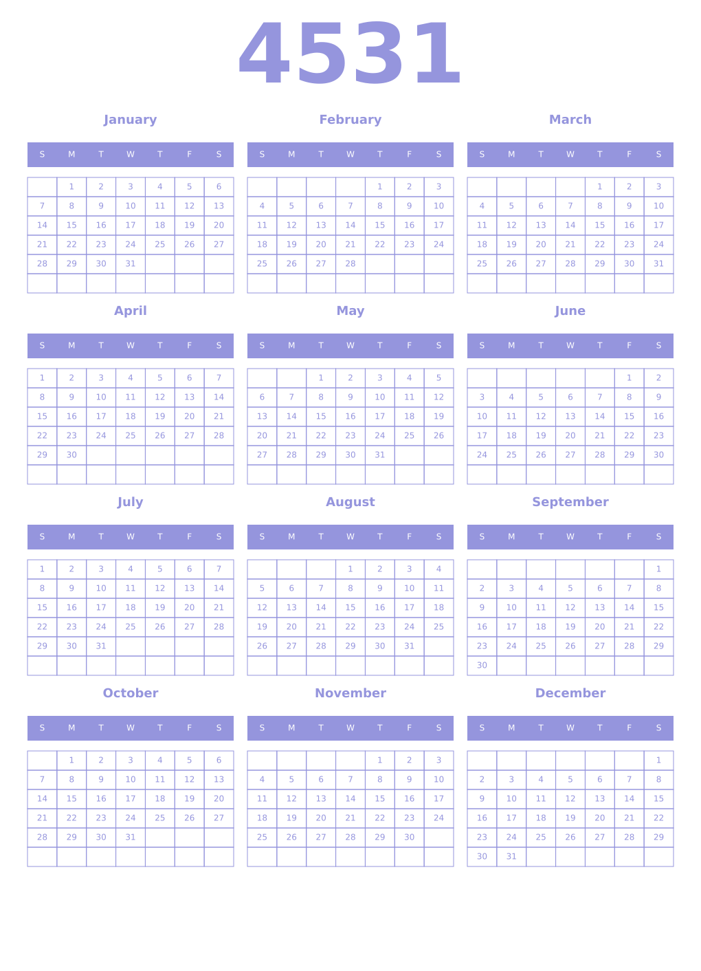 Printable 4531 Year Calendars periwinkle