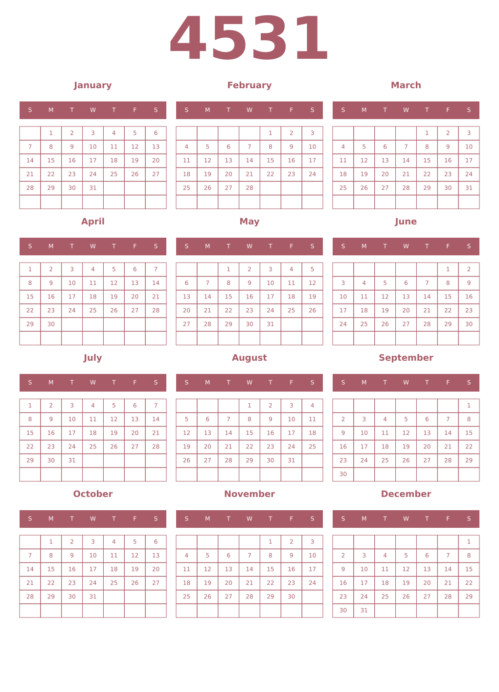 Printable 4531 Year Calendars puce