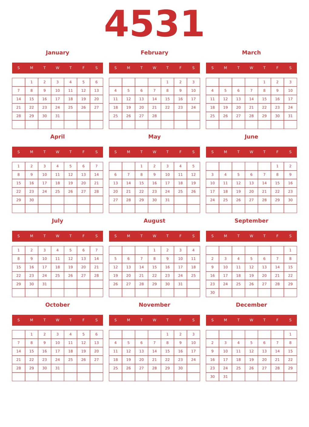 Printable 4531 Year Calendars red