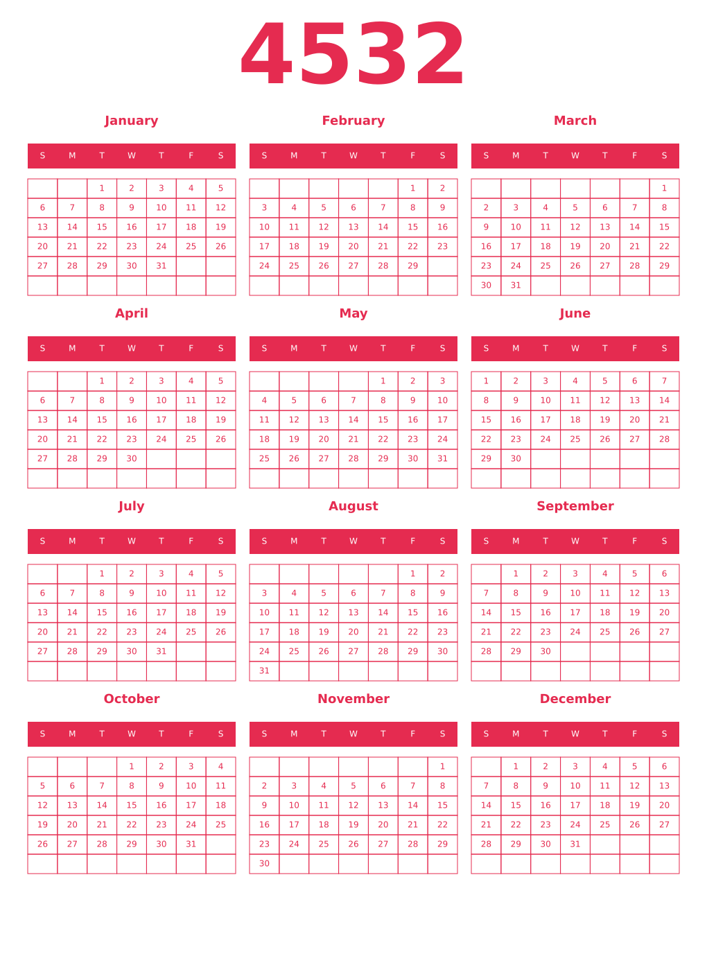 Printable 4532 Year Calendars amaranth