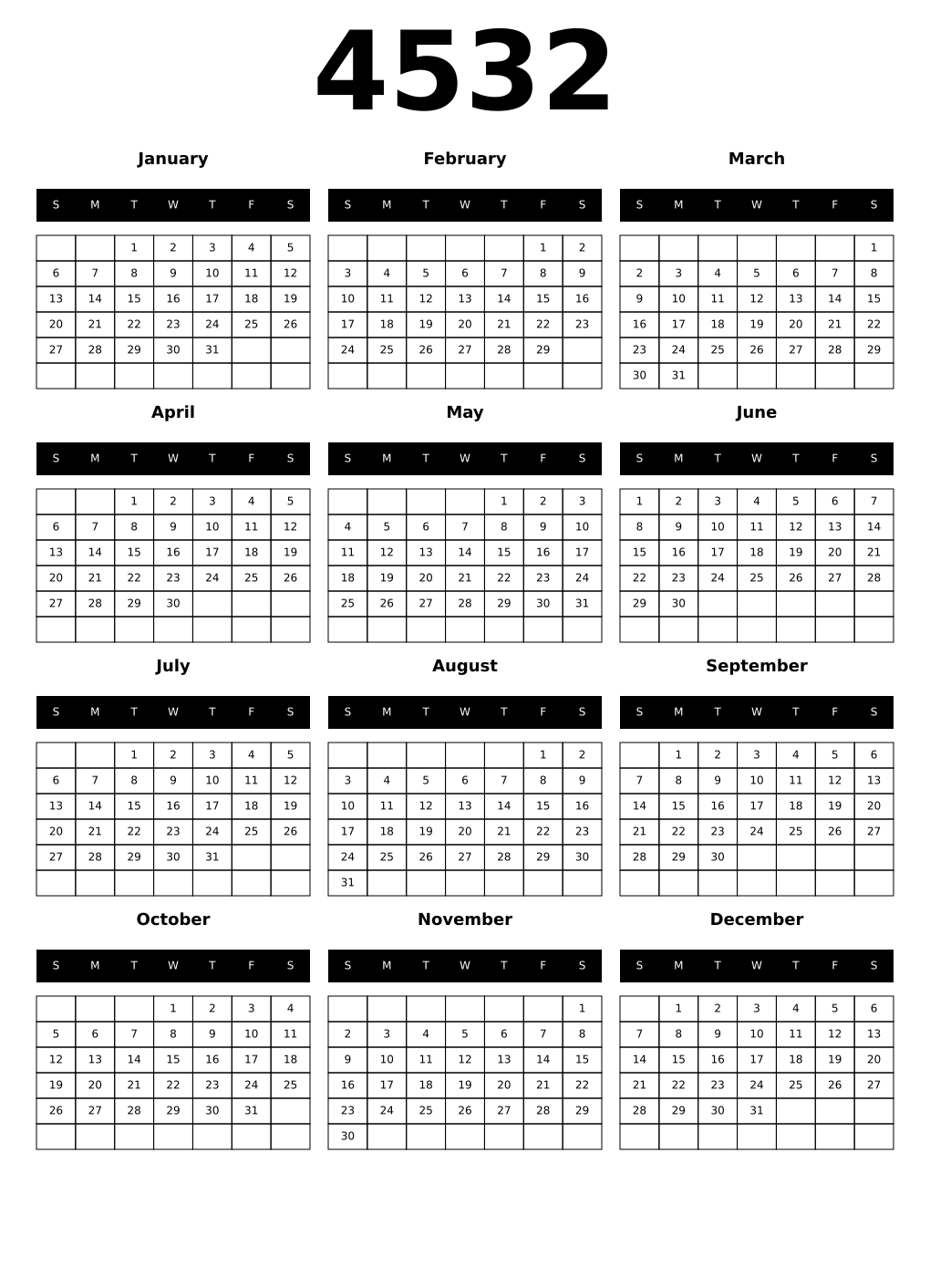 Printable 4532 Year Calendars black
