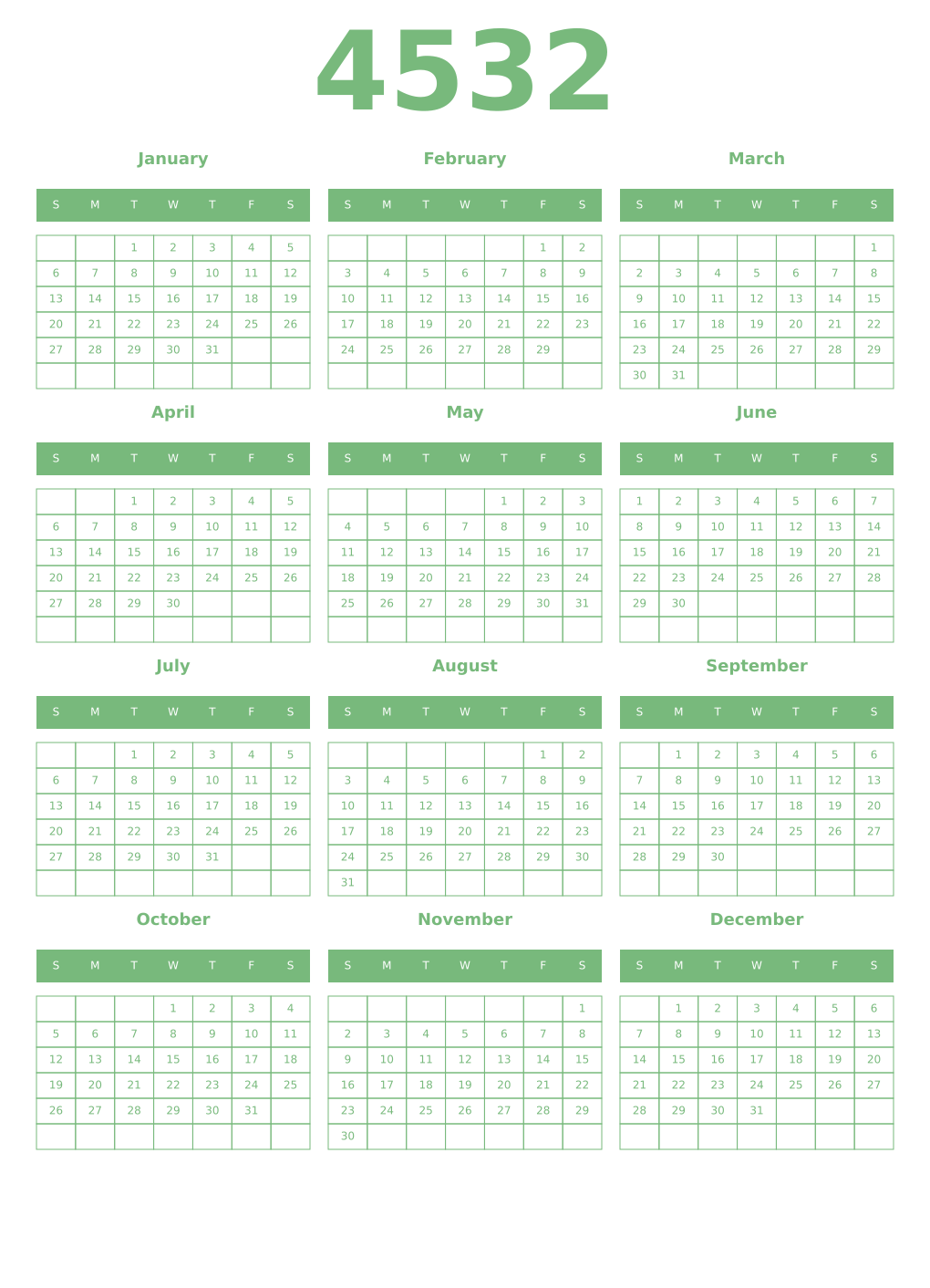 Printable 4532 Year Calendars celadon