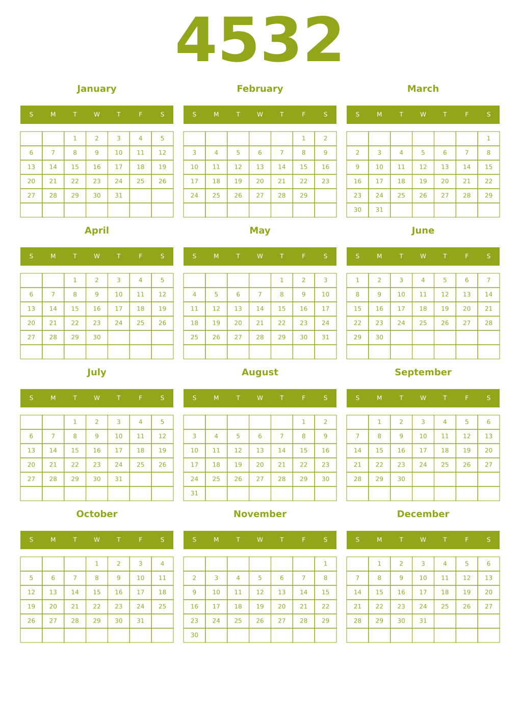 Printable 4532 Year Calendars chartreuse