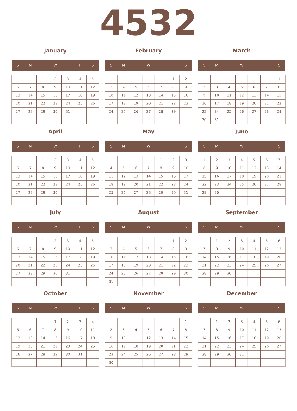 Printable 4532 Year Calendars coffe