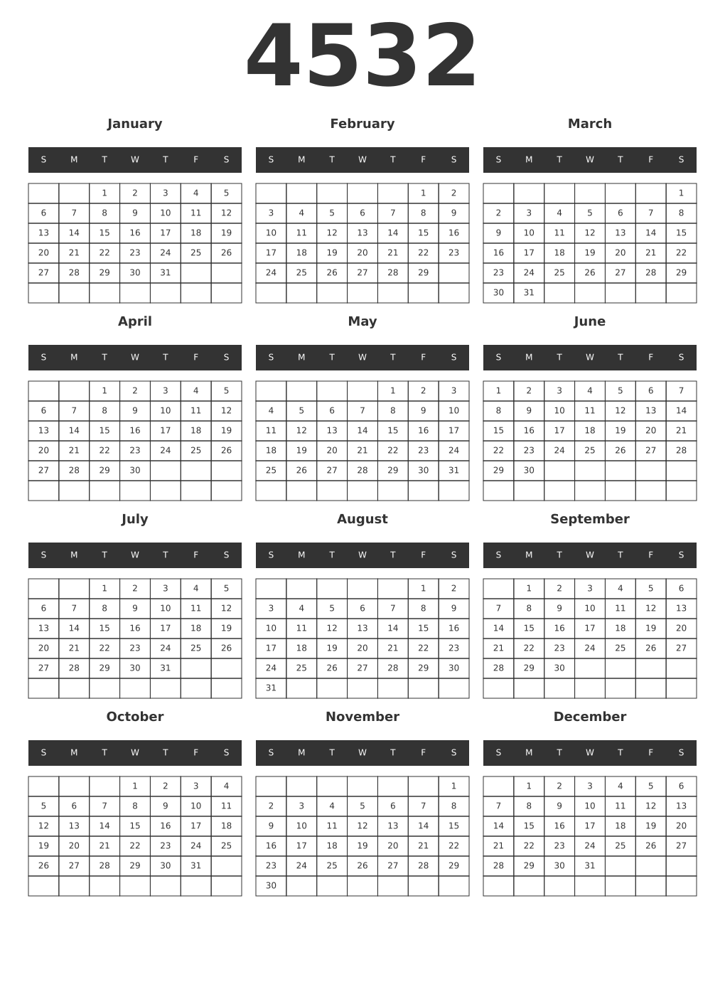 Printable 4532 Year Calendars dark