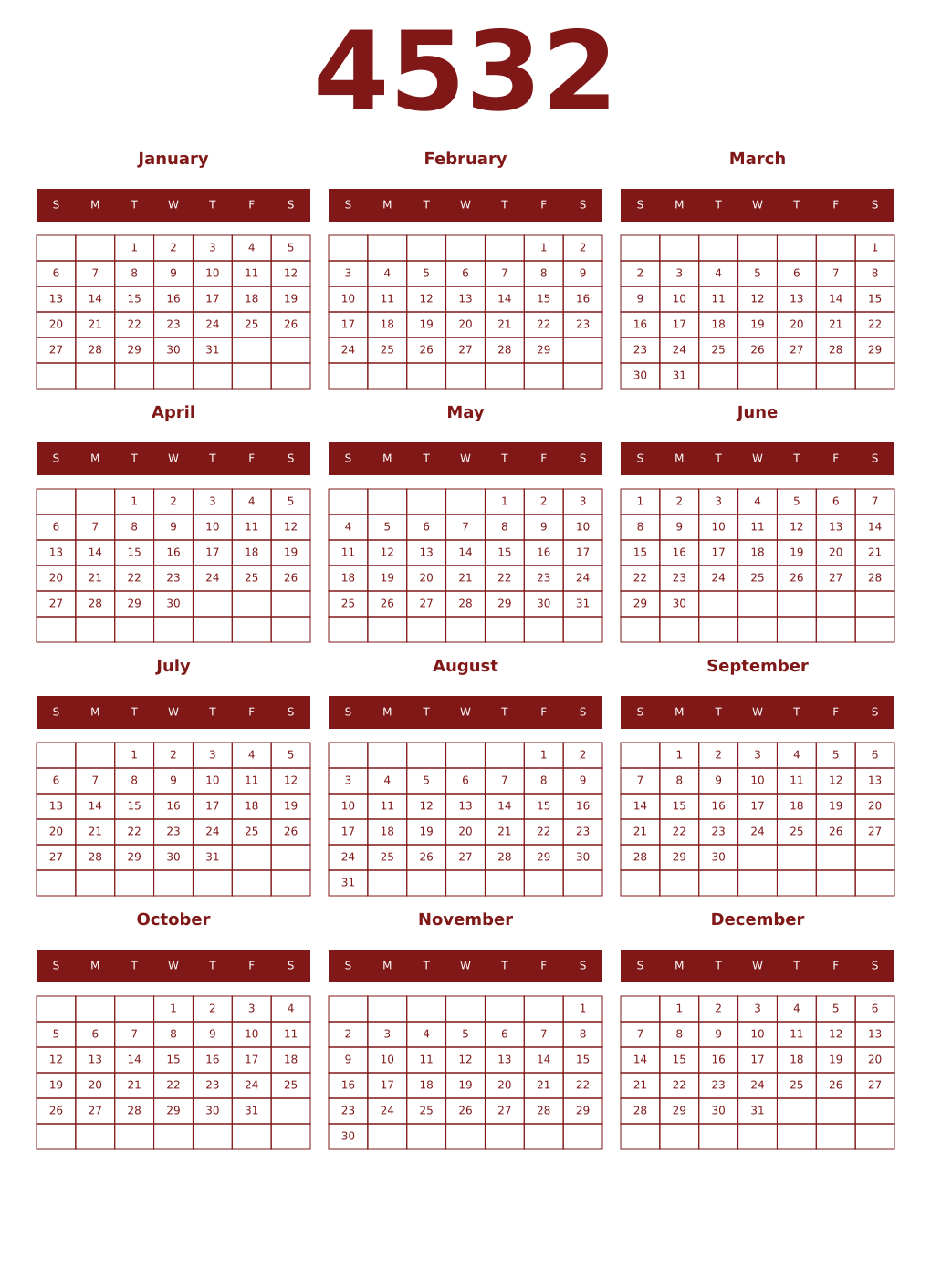Printable 4532 Year Calendars falu