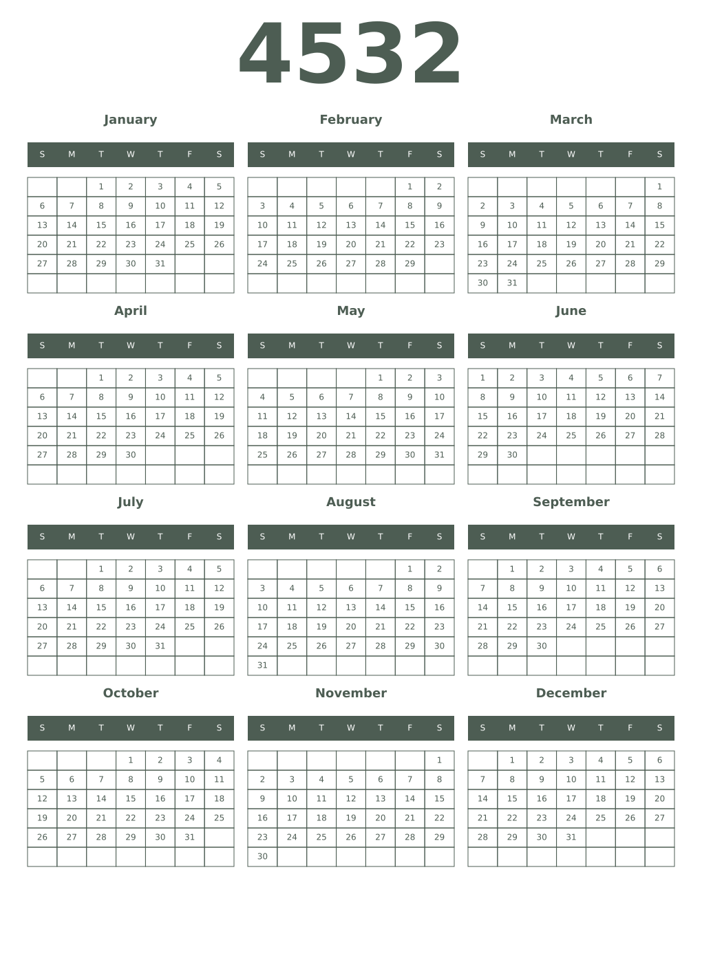 Printable 4532 Year Calendars feldgrau