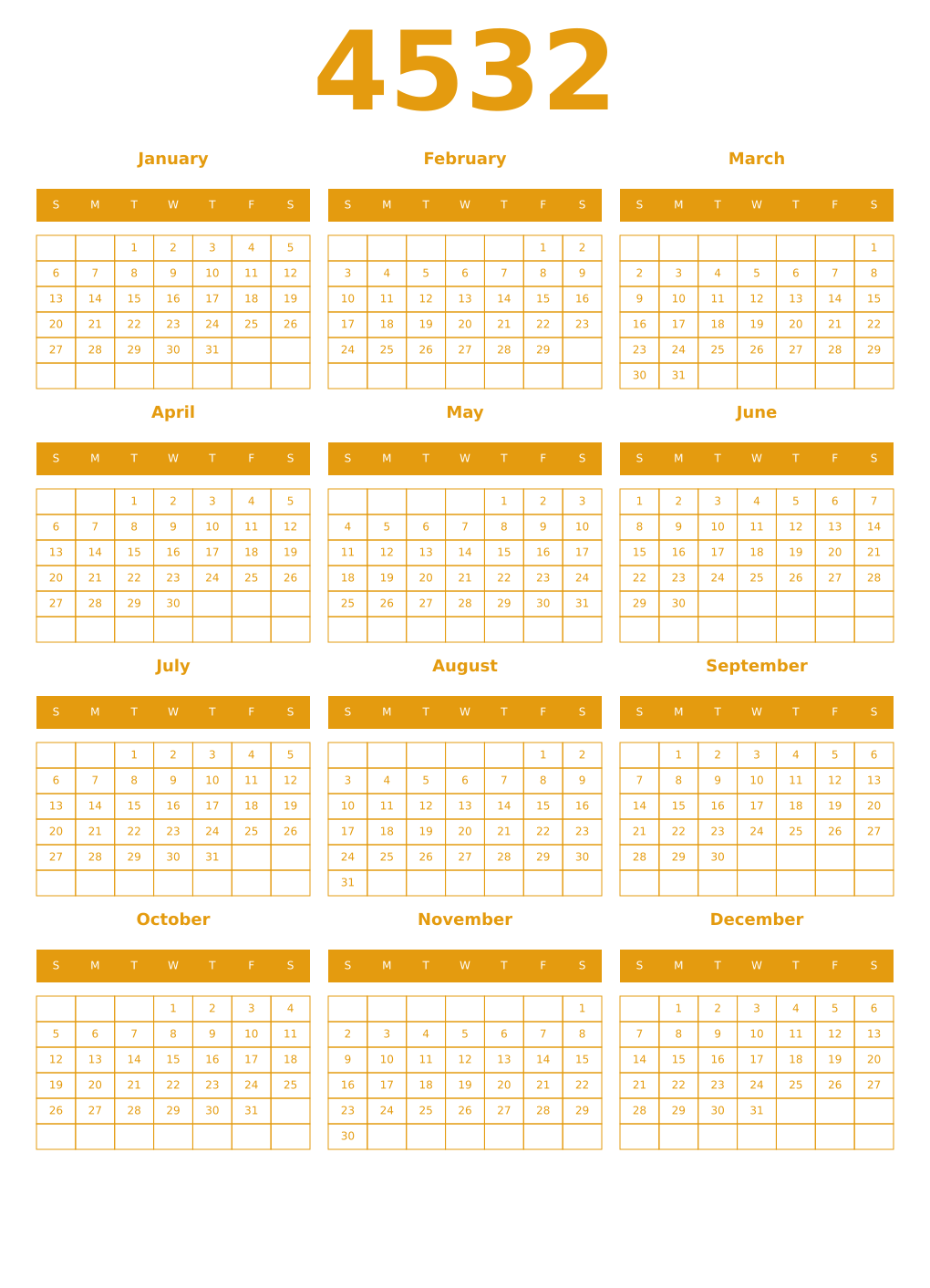 Printable 4532 Year Calendars gamboge